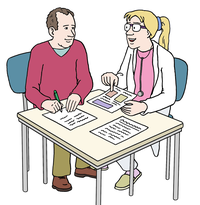 Jeder entscheidet selbst über medizinische Behandlungen Zeichnung: Eine Ärztin berät einen Patienten